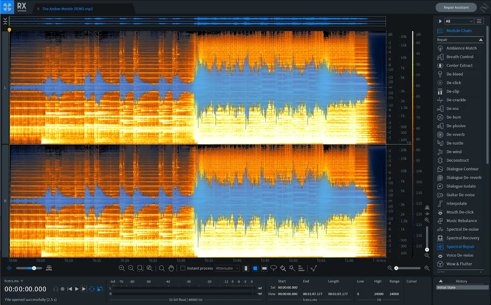 iZotope RX displays a layered waveform and spectrogram view