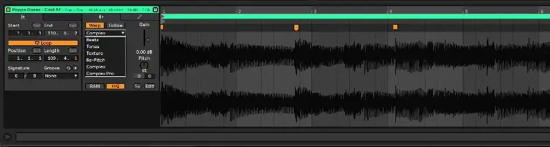Ableton Live 的翘曲视图，带有翘曲标记和不同的翘曲设置：节拍、音调、纹理、重定音、复杂和专业复杂。