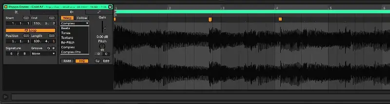 Вигляд викривлення в Ableton Live з маркерами викривлення та різними налаштуваннями викривлення: Beats, Tones, Texture, Re-Pitch, Complex і Complex Pro.