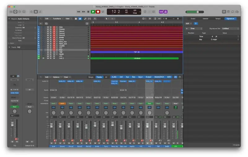 Logic Pro X 武装和录音混音器及排列视图。 