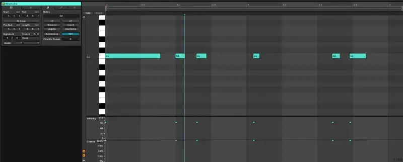 Фортепіанна партія в Ableton Live з повзунками швидкості та шансів для кожної ноти.