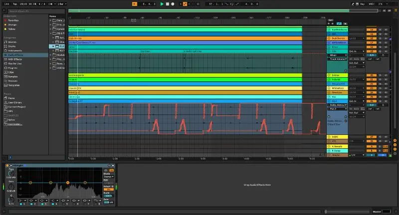 Ableton Live організовує перегляд, показуючи гучність доріжки, панорамування і відправлення праворуч, а вставки - внизу.