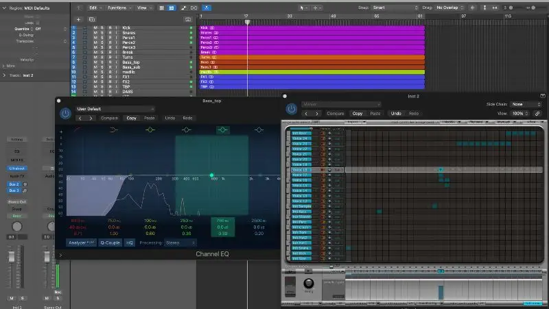 Logic Pro X 的排列视图，带有常用的通道条均衡器和传奇的 Ultrabeat 鼓编曲器。 