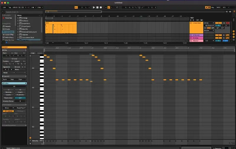 Abletons MIDI-Bearbeitungsansicht mit Noten, Hüllkurven und Ausdrucksoptionen für Noten auf der linken Seite