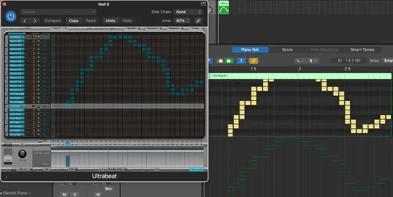 Ultrabeat-Schlagzeugmaschine mit integriertem MIDI-Noten-Drag-and-Drop von Sequenzen auf die Zeitleiste.