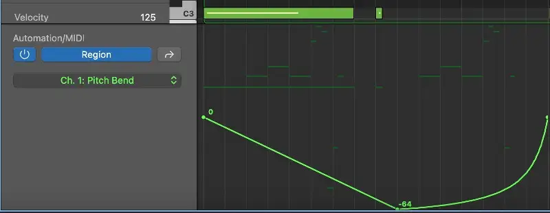 自动/MIDI 视图在录制音符后利用自动音高弯曲。