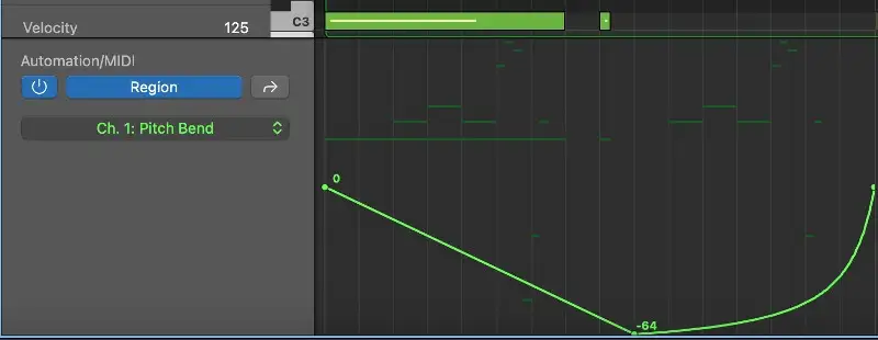 Automation/MIDI-Ansicht, die die Pitch-Bend-Automation nach der Aufnahme einer Note nutzt.