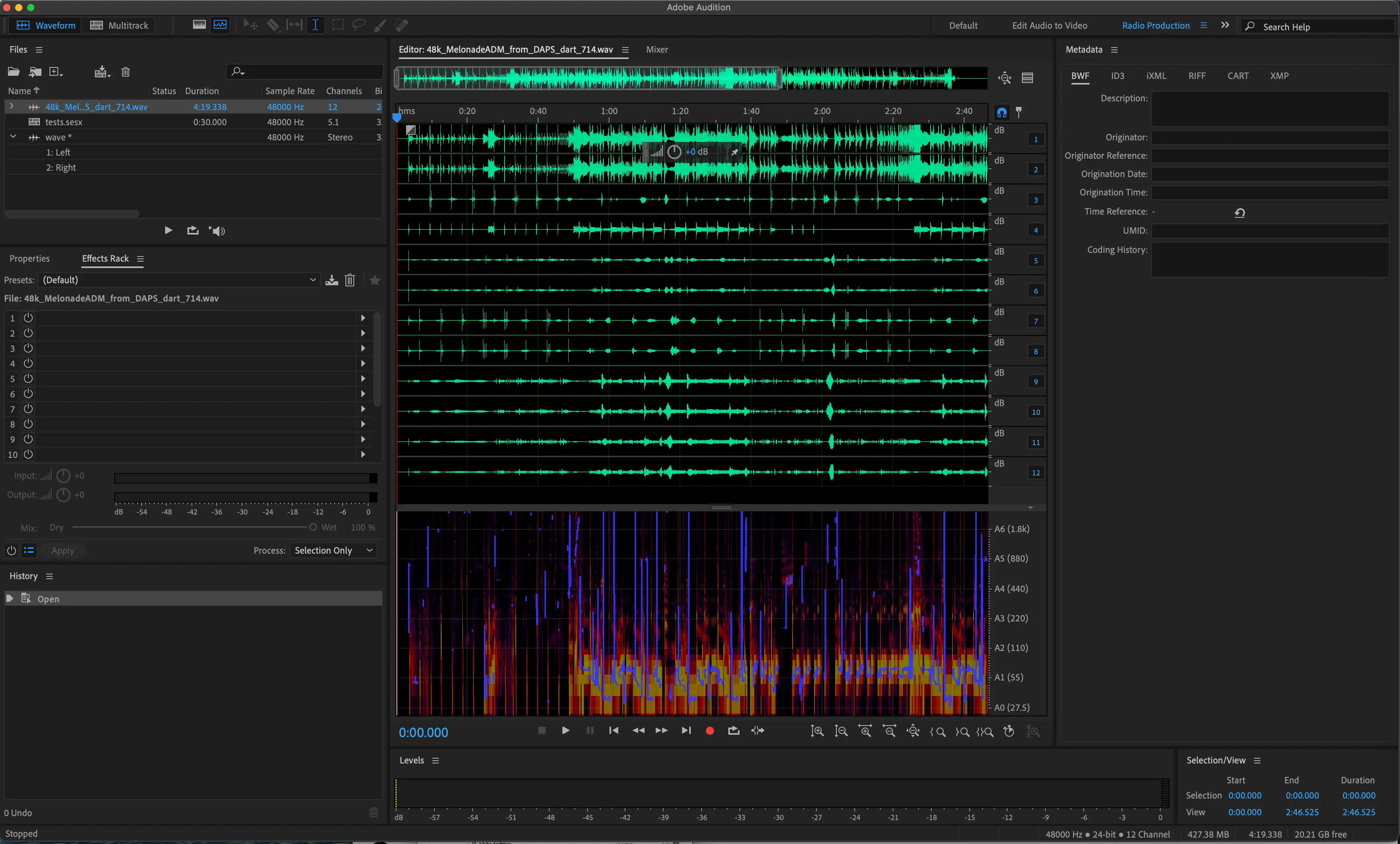 Vue de la forme d'onde d'Adobe Audition montrant l'analyse du spectre. 