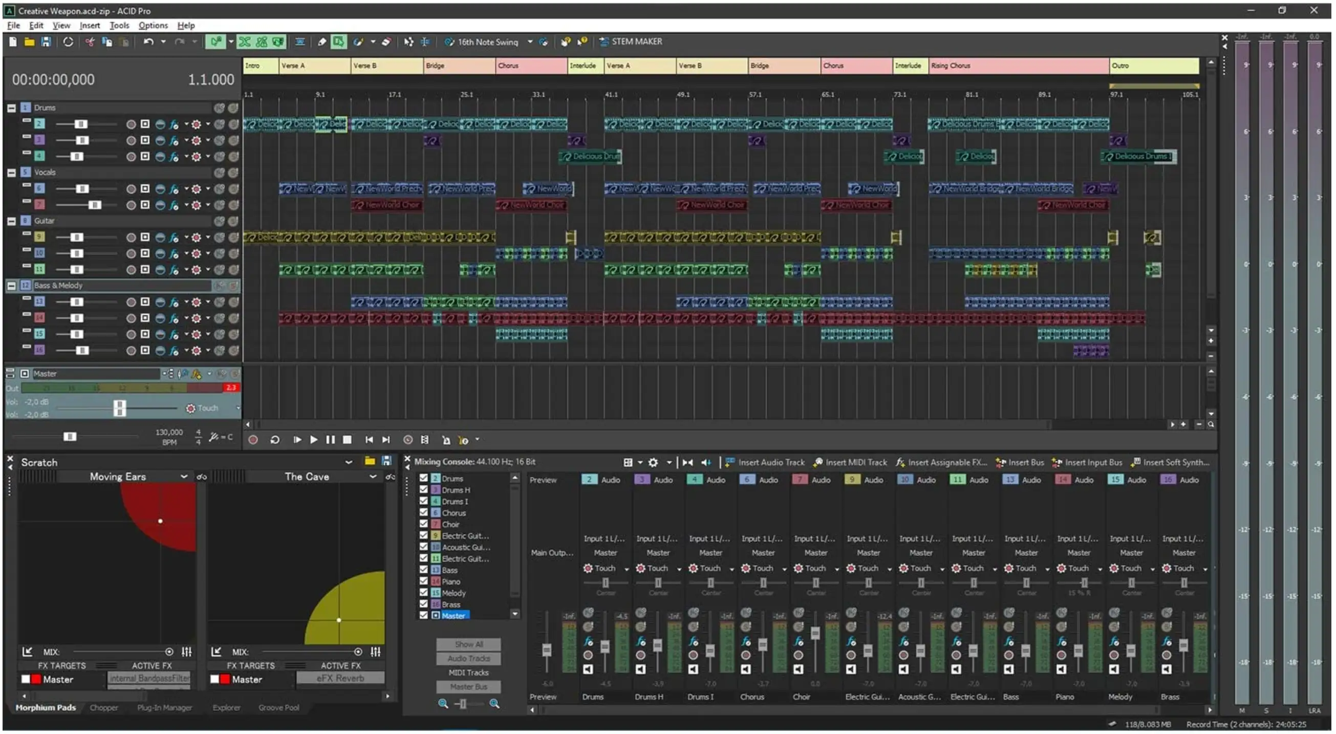 ACID Pro arrange view with Morph Pads (lower left)