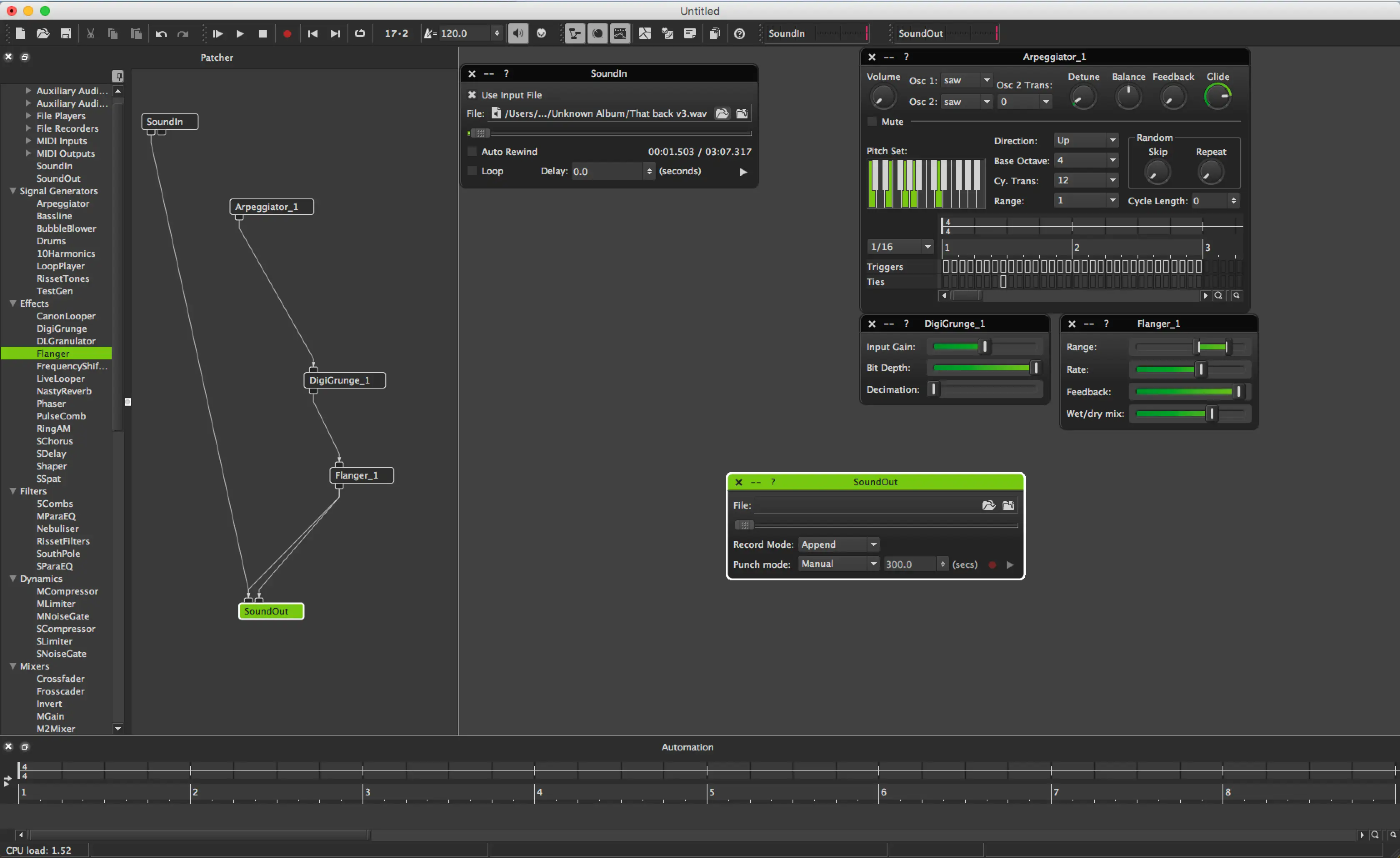 Audio Mulch patch and instrument/plug-in/object view
