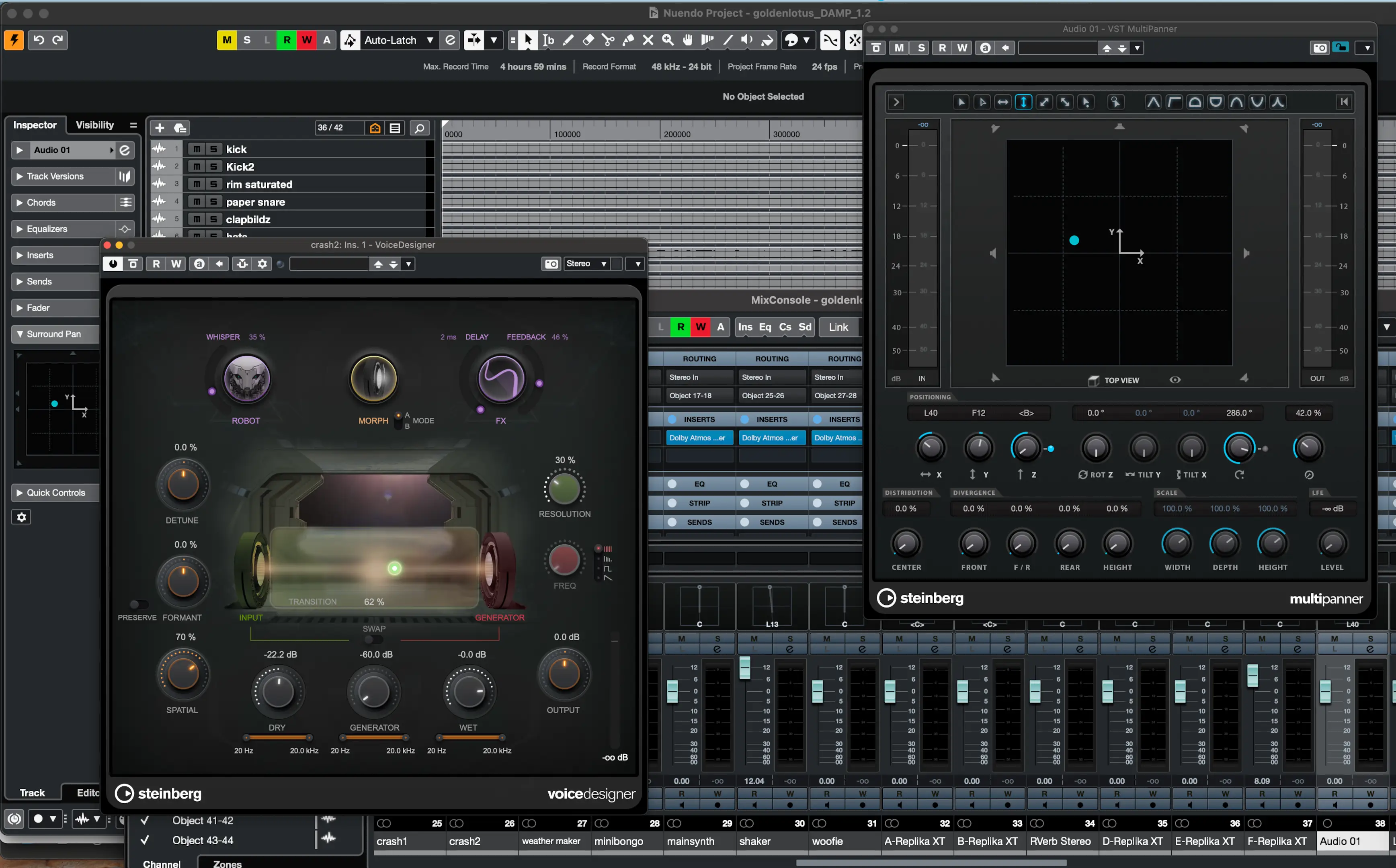 Nuendo mix, arrange, plug-in, and surround panner views