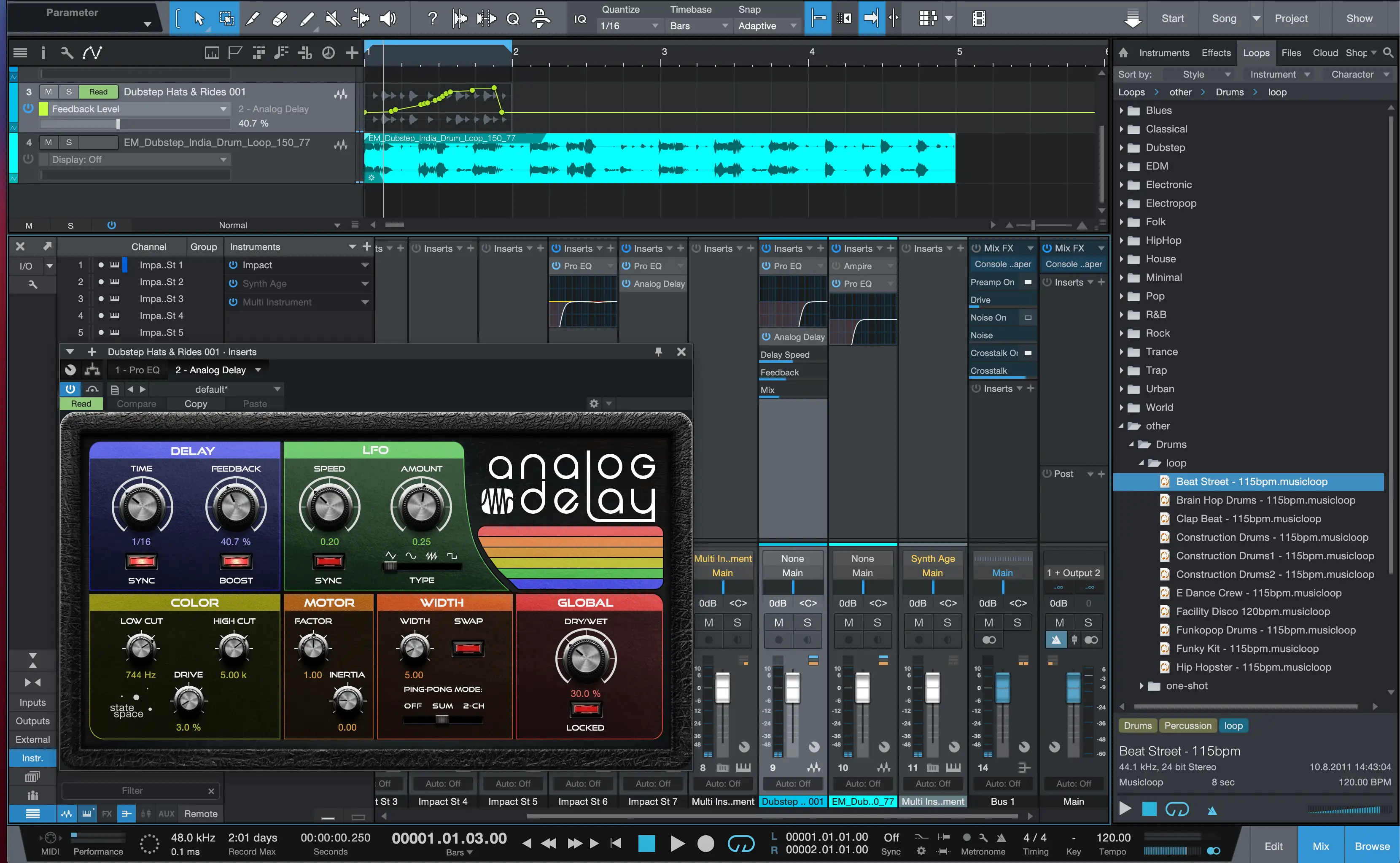 Studio One mix view with stock delay