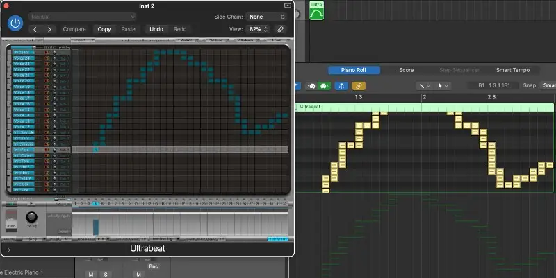Ultrabeat drum machine with integrated MIDI note drag and drop of sequences to timeline. 