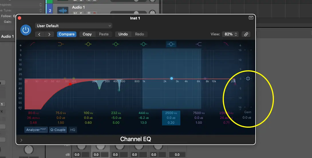 Logic's native EQ has a gain control to compensate for changes in level that occur during processing