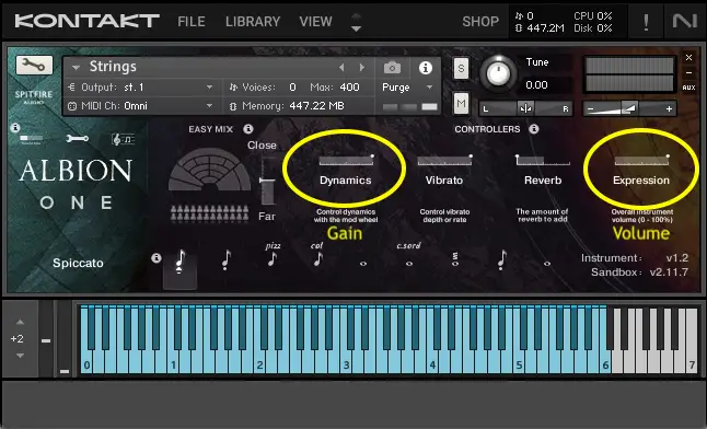 Spitfire's Albion One makes use of dynamics (gain) and expression (volume) controls on orchestral instruments