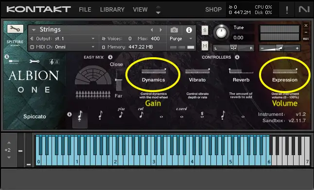 Der Albion One von Spitfire nutzt die Dynamik- (Gain) und Expression- (Volume) Regler von Orchesterinstrumenten