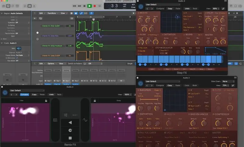 Logic Pro X et certains de ses nouveaux plug-ins Multi Effects, Phat FX, Remix FX et Step FX. 
