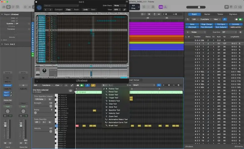 Logic Pro'nun Ultrabeat, MIDI sıralayıcısı, MIDI düzenleme araçları ve MIDI olay düzenleyicisi.  