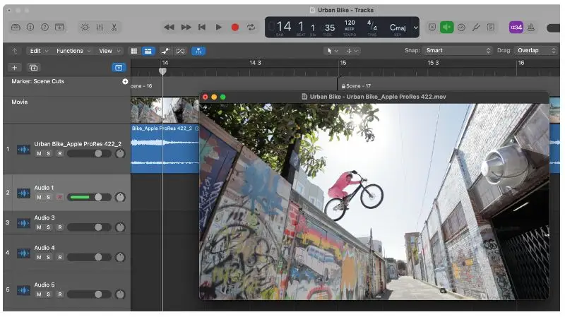 Logic Pro utilisant la fonction de piste vidéo