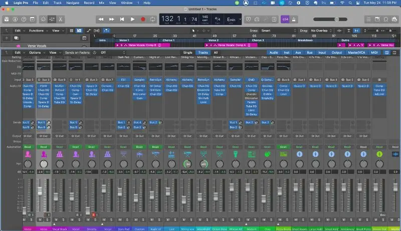 Vue du mixage dans Logic Pro