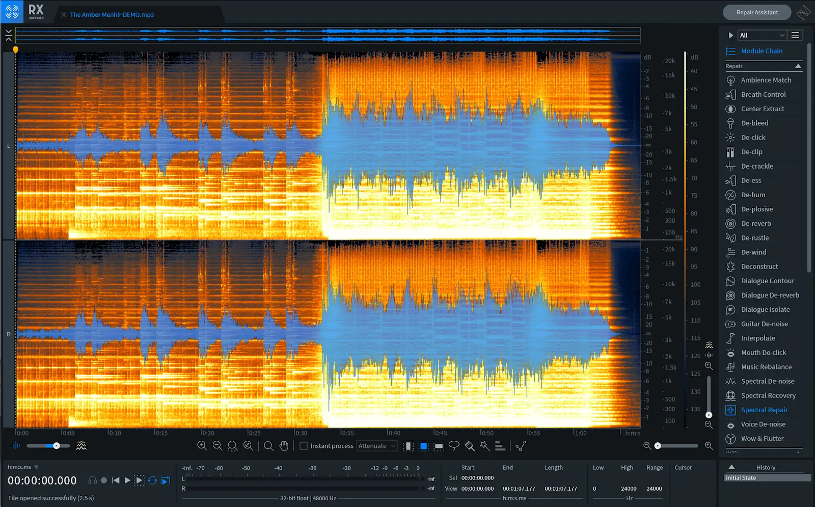 iZotope RX viser en lagdelt bølgeform og spektrogramvisning