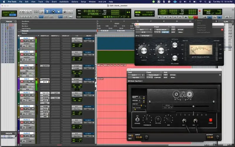グローバルレコードアームボタンの近くに、さまざまなレコーディングモードのドロップダウンが表示されるレコーディング中のPro Tools