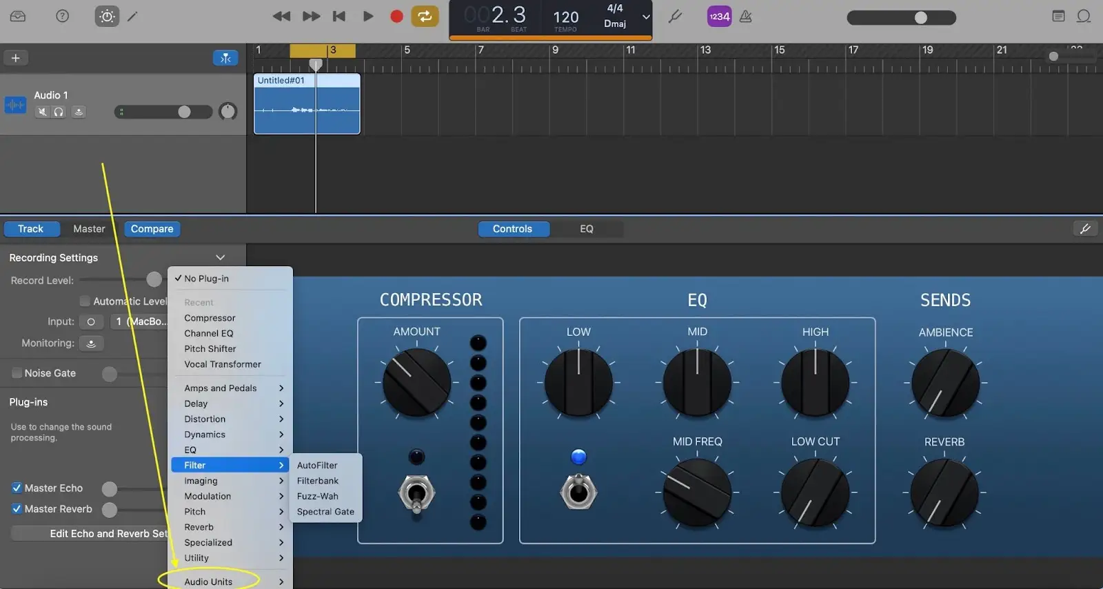 Zugriff auf Effekte von Drittanbietern für Ihren Song im Bereich Track Controls