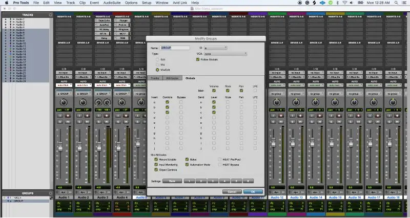 Avid Pro Tools mix view with Modify Groups dialog