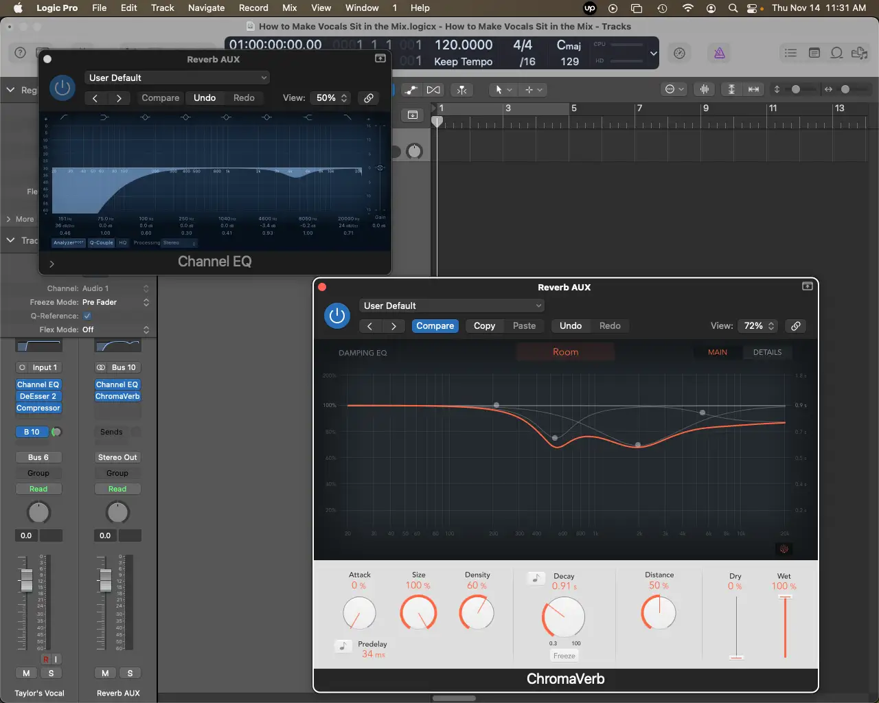 Reverbs en vertragingen instellen op aux-kanalen en een EQ invoegen vóór het effect