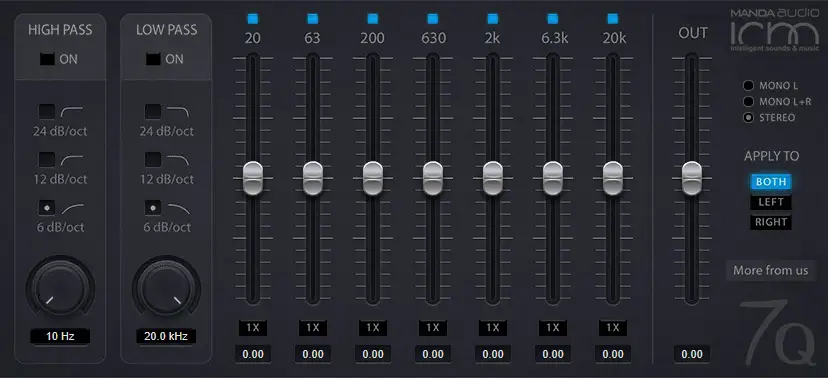 7Q od společnosti Manda Audio je jednoduchý zásuvný modul grafického ekvalizéru (ZDROJ: https://www.manda-audio.com/products.php)