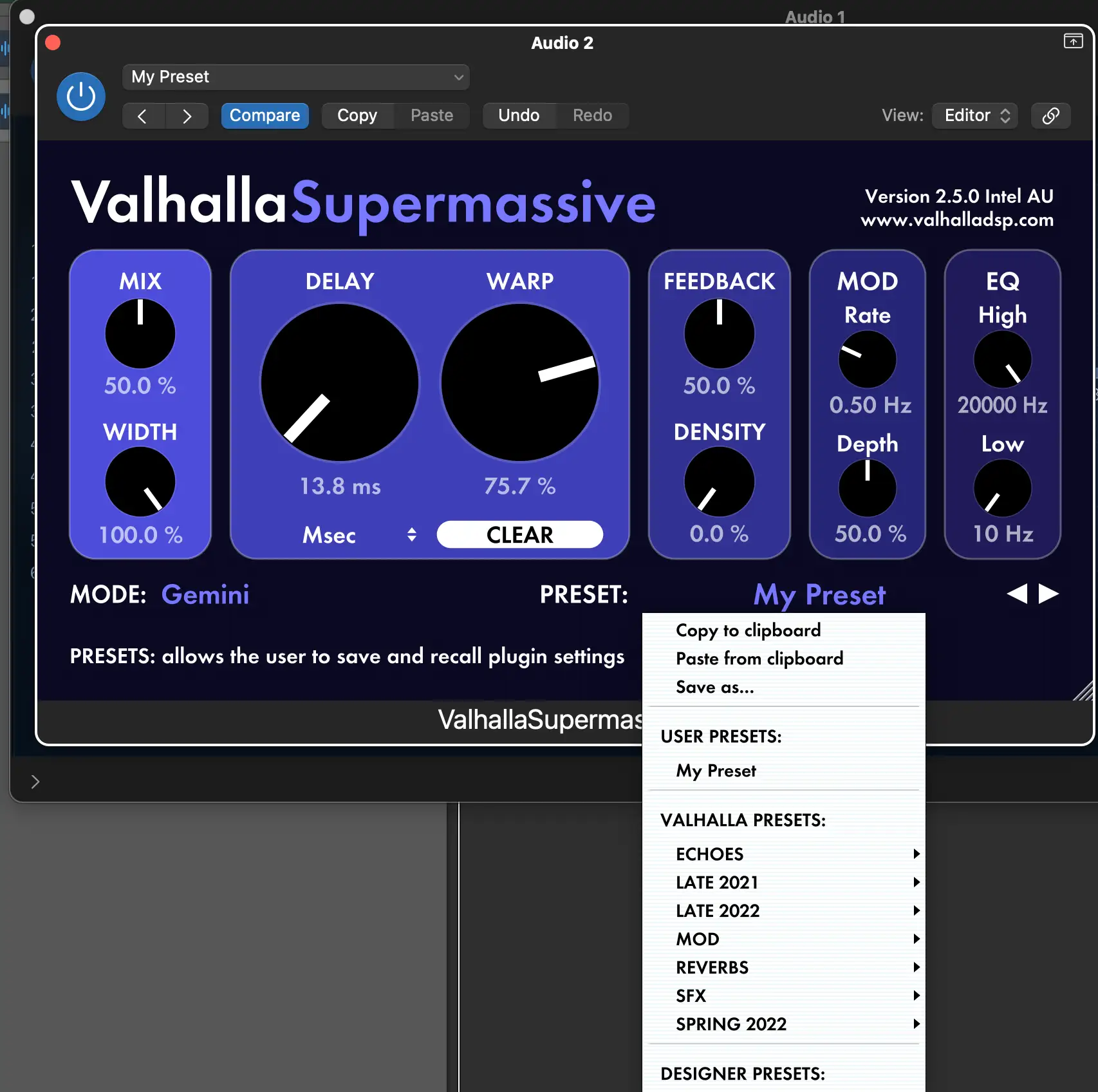 Valhalla Supermassive 在 "用户预设 "部分保存自定义文件