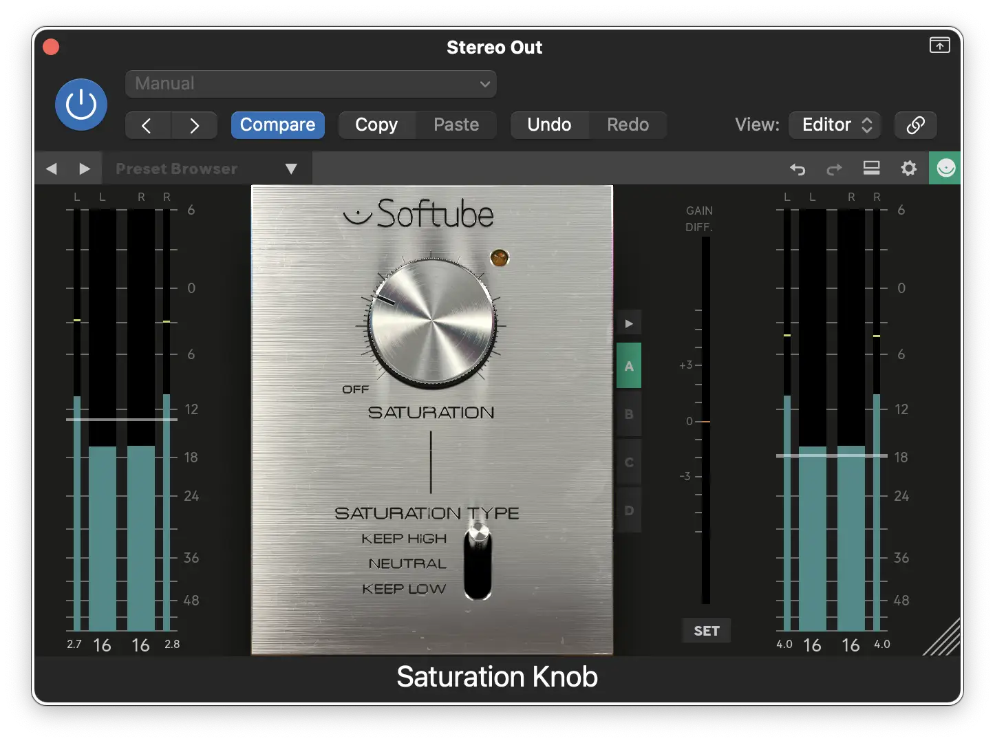 Le bouton de saturation (gratuit !) de Softube apporte de la couleur à l'ensemble du mixage.