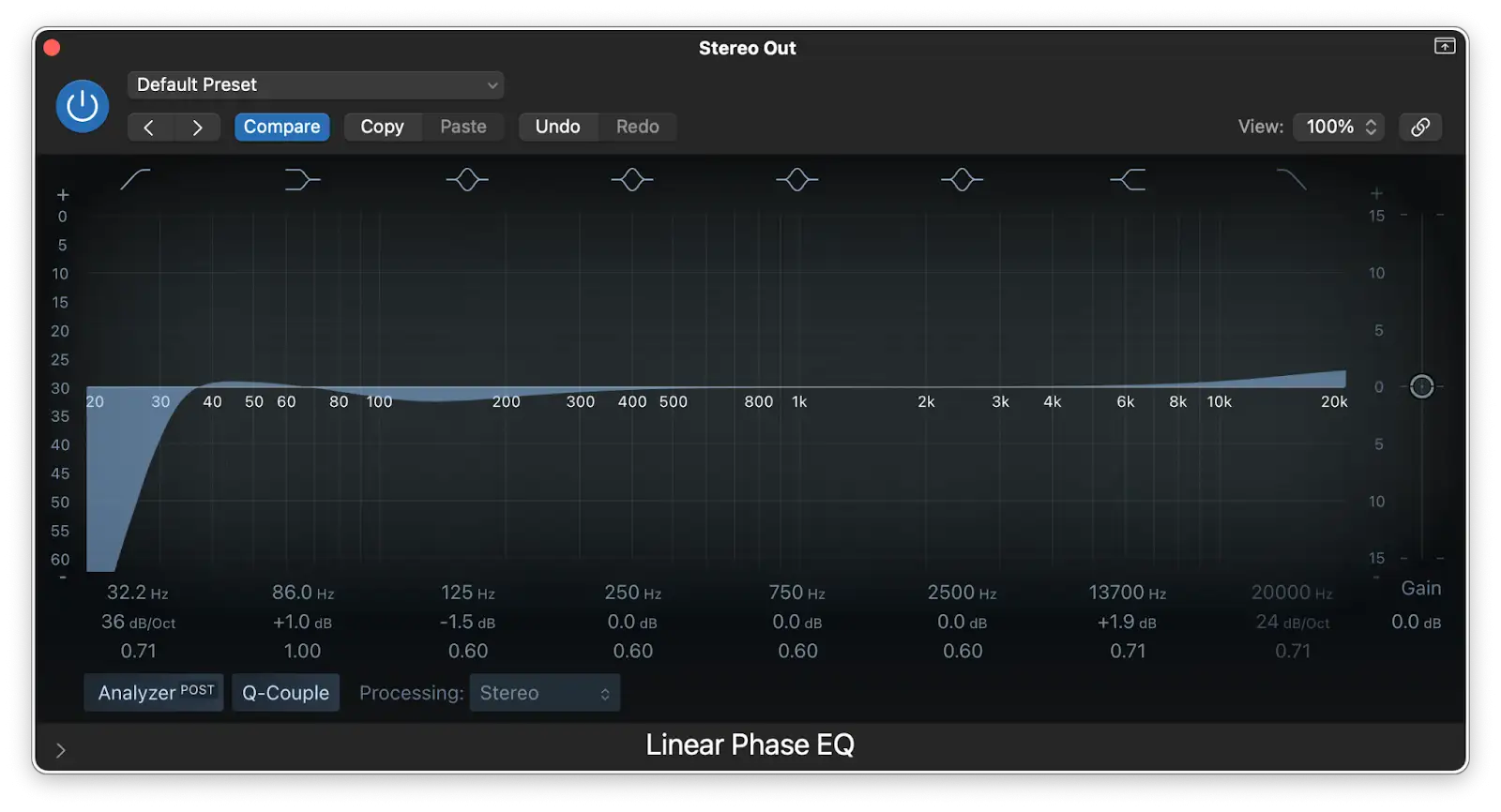 Logic'in Lineer Faz EQ modülü, miks veriyolunda kullanmak için mükemmel bir seçimdir