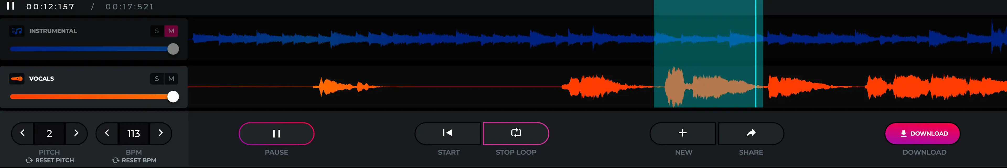 Gebruik de pitch en tempo gereedschappen in Stemify's Vocal Remover tool.