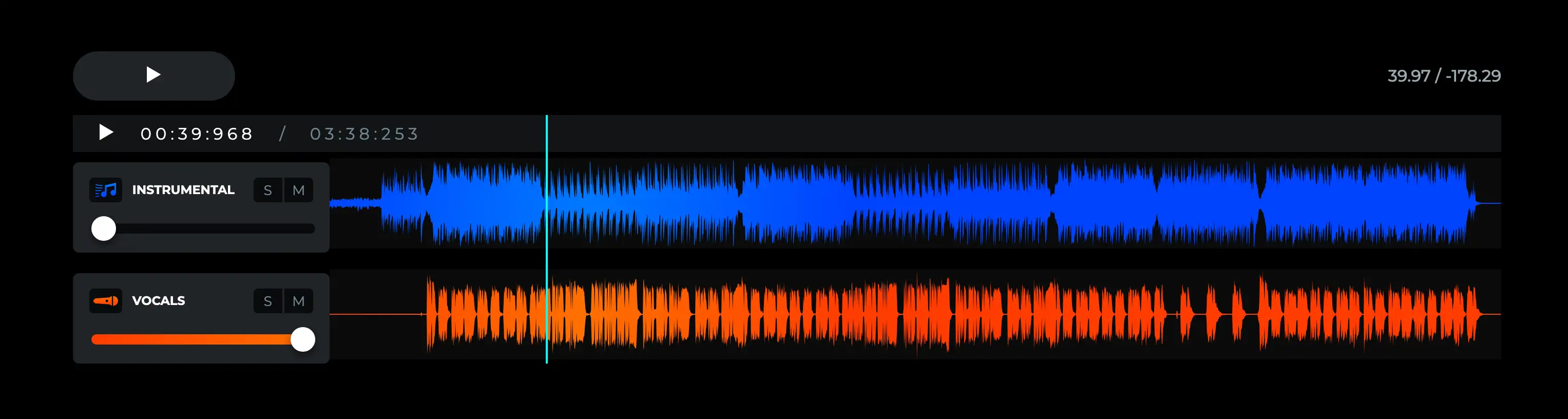Zang en instrumenten zijn netjes opgesplitst in de GUI