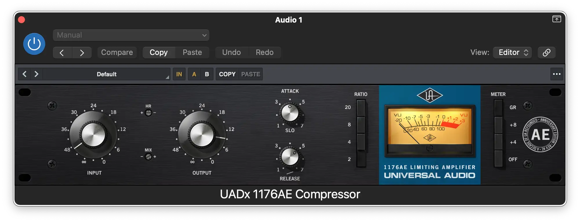 Klasyczny kompresor 1176AE firmy Universal Audio ma wstępnie skonfigurowane ustawienia proporcji