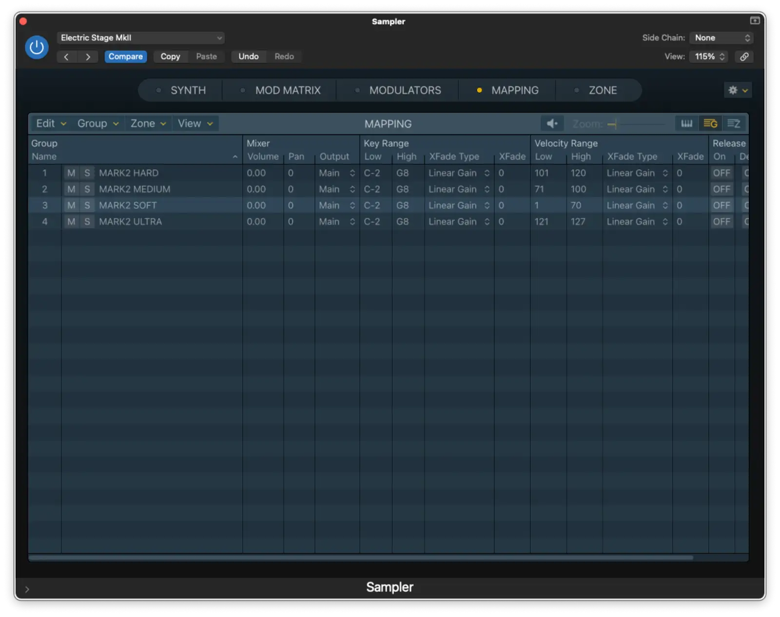 Velocity layering a Logic Pro samplerben
